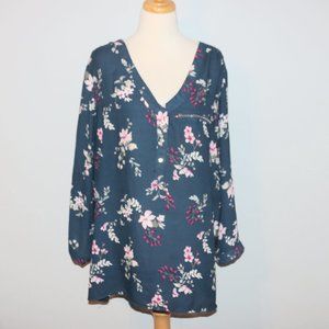 Justify Plus Size 3X Navy Floral Shirt Top Adjustable Sleeves